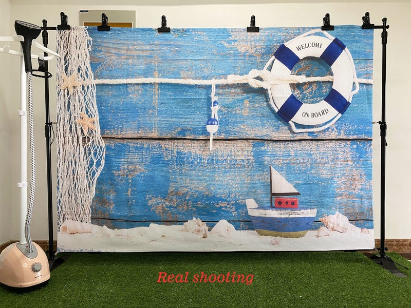 BELECO خلفية بحرية من قماش BELECO 7x5 قدم طوق نجاة قارب قواقع خلفية خشبية زرقاء خلفية تصوير بحار لتزيين الحفلات عيد ميلاد الأولاد والبنات حفلات استقبال المواليد خلفية تصوير لprops - Image 5